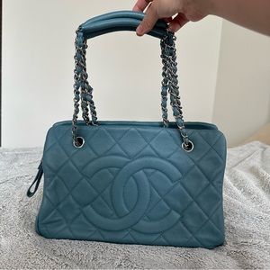 Chanel Stone Blue Quilted Caviar Leather Petite Timeless Tote
